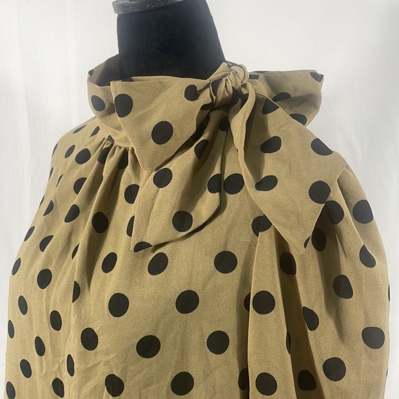 Polka dot blouse,long sleeve, with side neck bow tie closure, black,tan, large - Picture 3 of 8